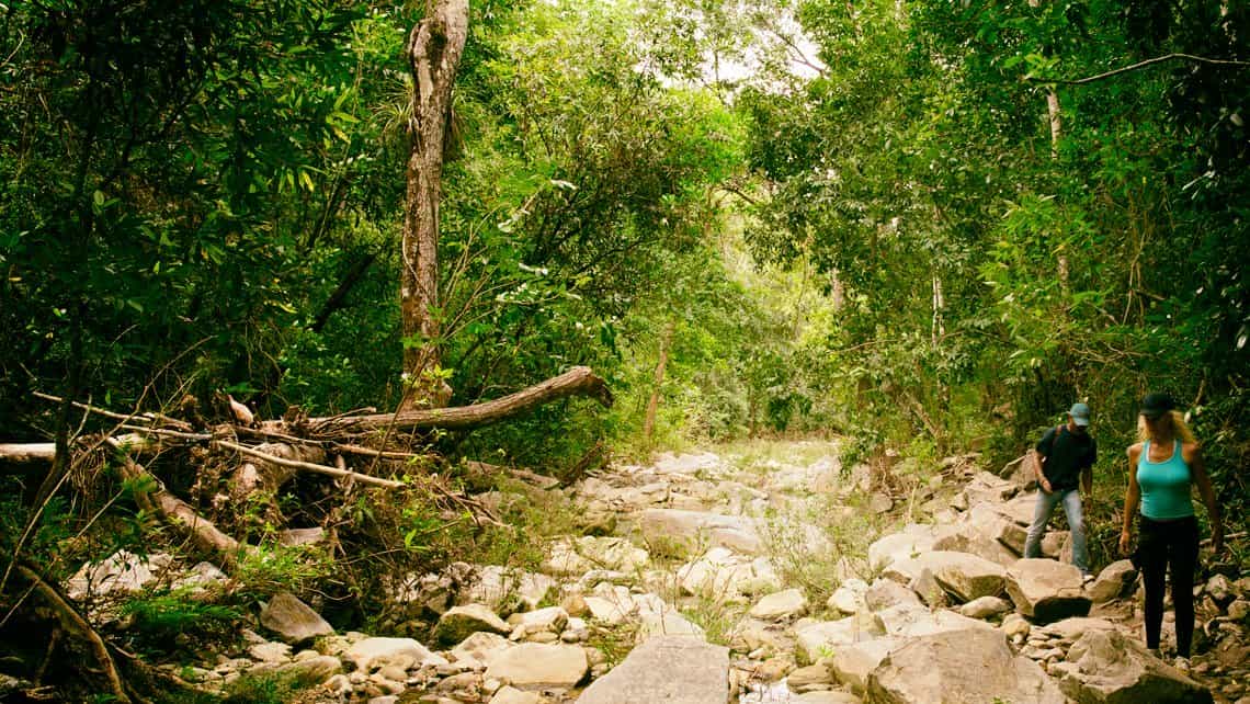 Turistas recorren el lecho de un pequeño arroyo en el Parque Nacional Pinares de Mayarí, Holguín