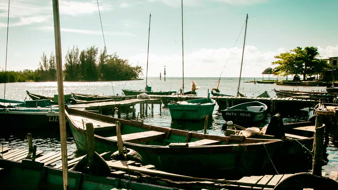 Botes de pescadores en muelle improvisado en la Laguna del Tesoro
