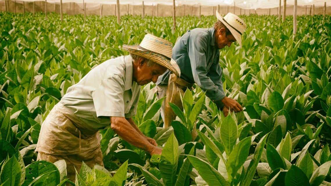 Campesinos trabajando en los campos de tabaco en Pinar del Rio