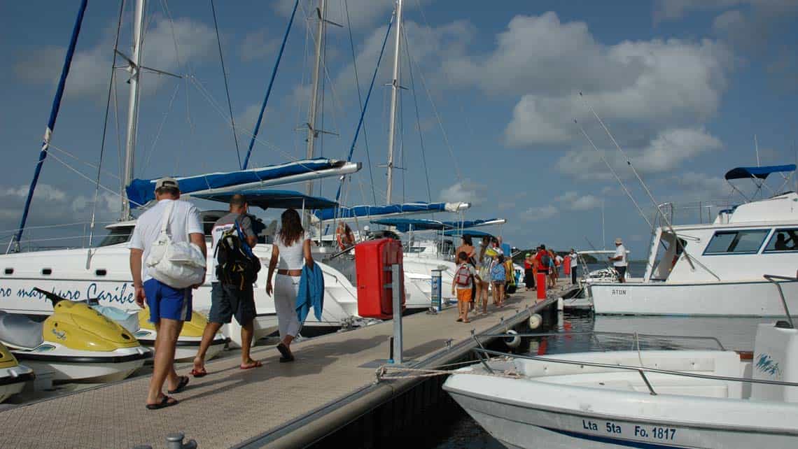 Turistas se dirigen a abordar el catamaran que los llevara al seafari