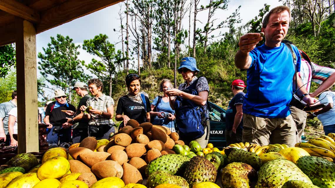 Cerca de la Gran Piedra un grupo de turistas hacen una parada para degustar frutas de los campos cubanos 