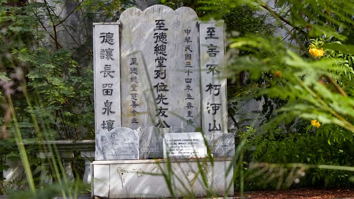 Lapida con caracteres chinos rodeada de plantas en el Cementerio Chino de La Habana